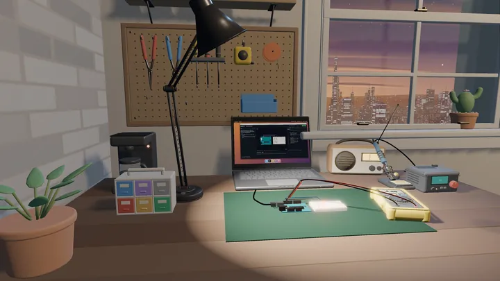 A cozy desk by the window at dusk: tools on a pegboard, a lamp over a cutting mat, a radio, a soldering station and a parts drawer.