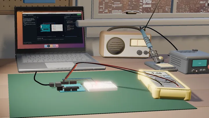 The workbench in Maker Simulator: a laptop, an Arduino wired to a breadboard, and a multimeter reading 4.48 volts.