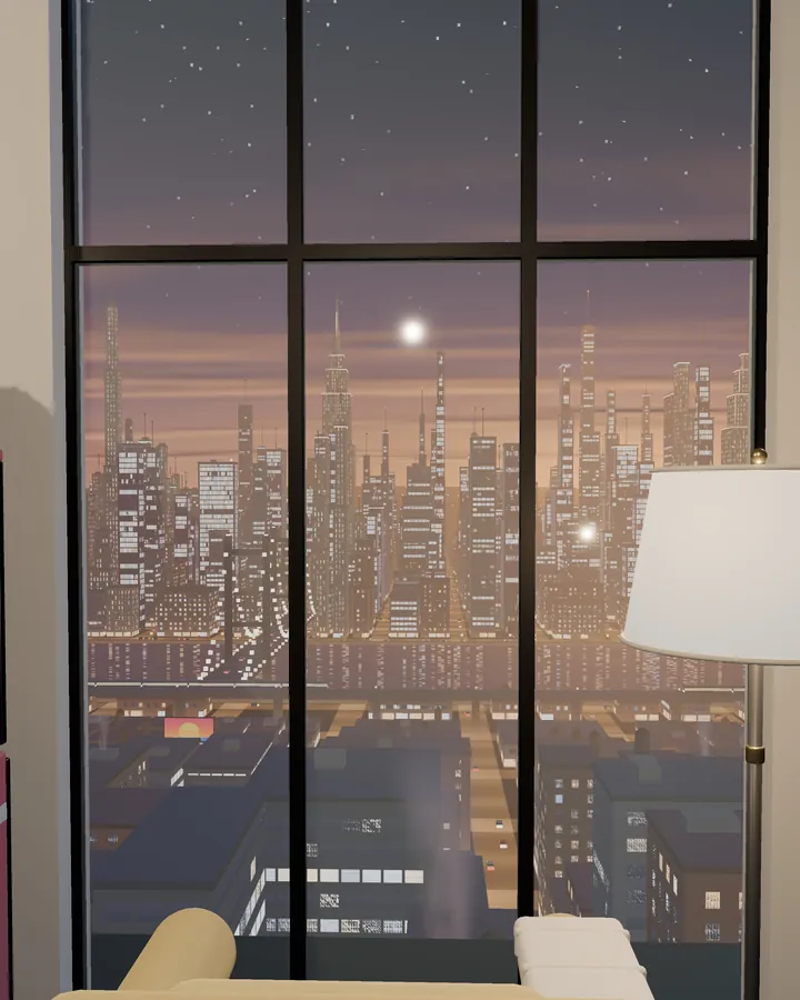 The penthouse: a tall window over the whole city at night, with a sofa and a floor lamp.